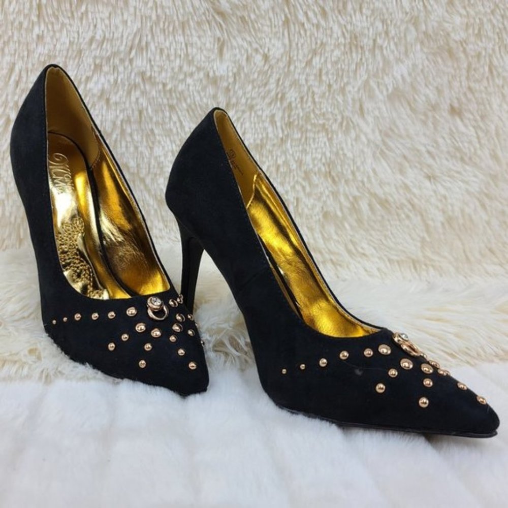 * Mona Mia Black Faux Suede Pumps With Studded Decor